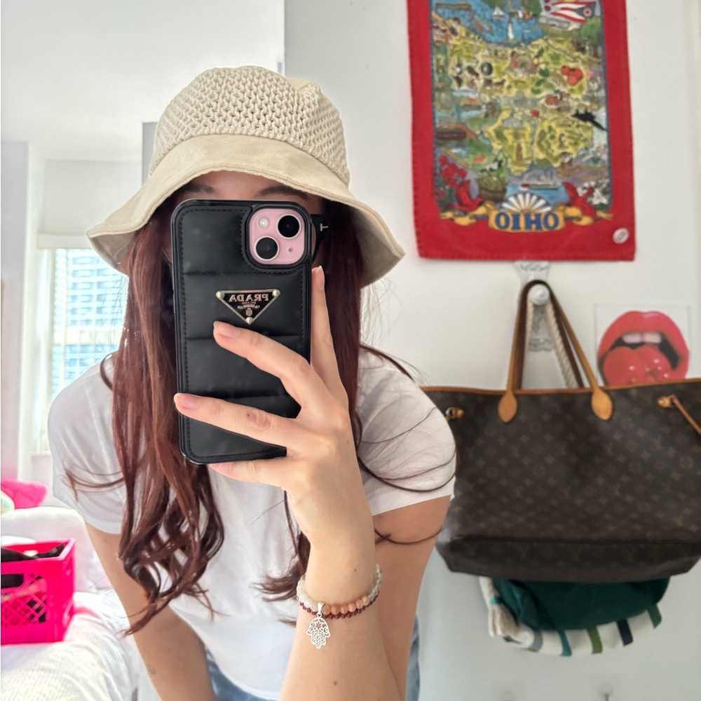 Cream Crochet and Canvas Bucket Hat